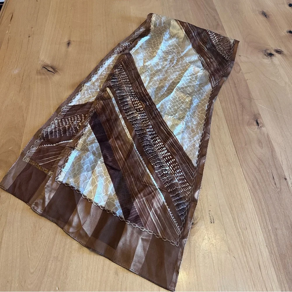Adrienne Vittadini Silk Vintage Elegant Abstract Patchwork Brown Scarf